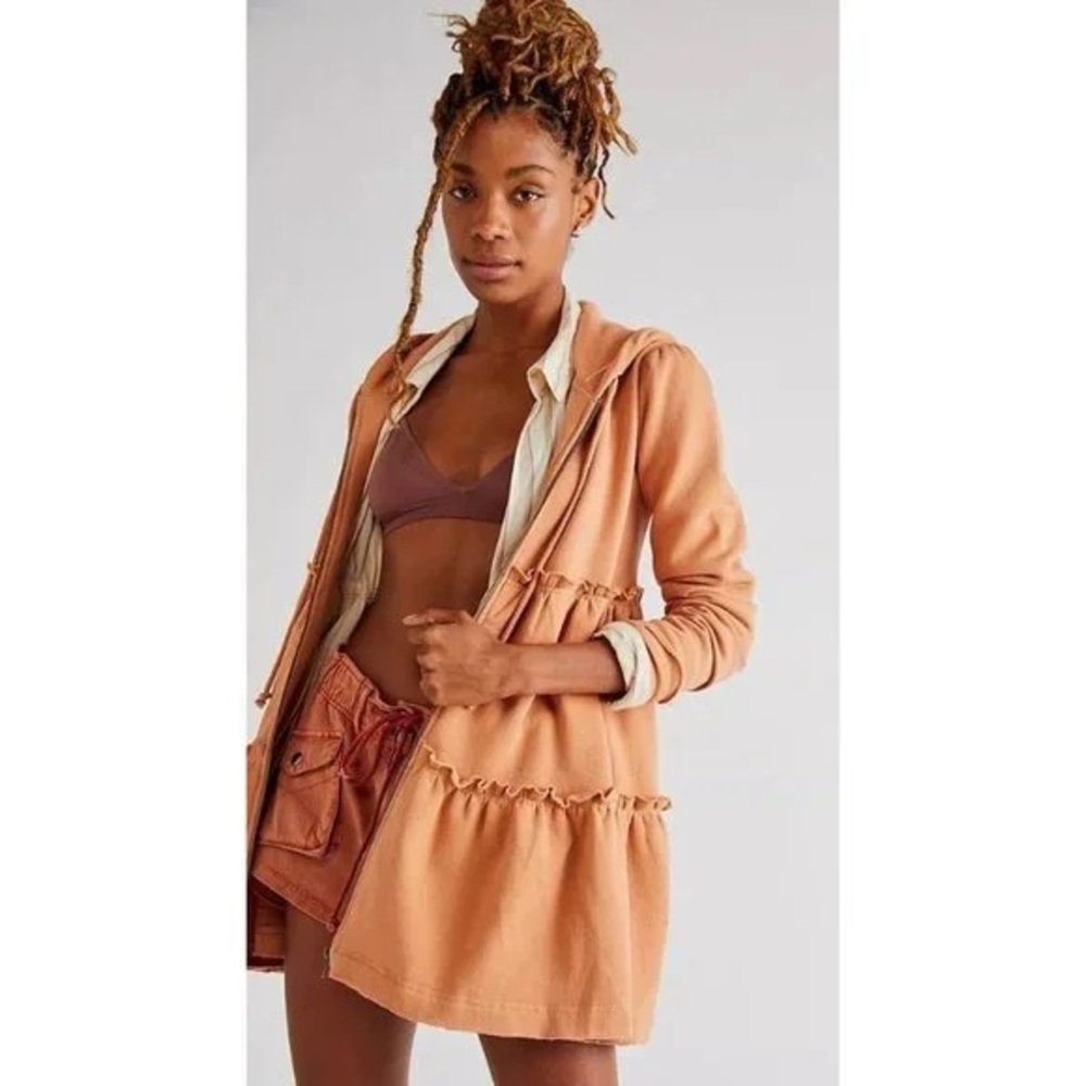 Free People Tiered Trapeze Zip-Up Hooded Sweatshirt Jacket Peach XS